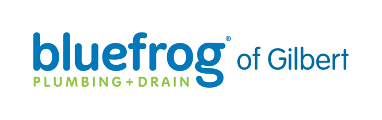 bluefrog Plumbing + Drain of Gilbert logo with blue and green text